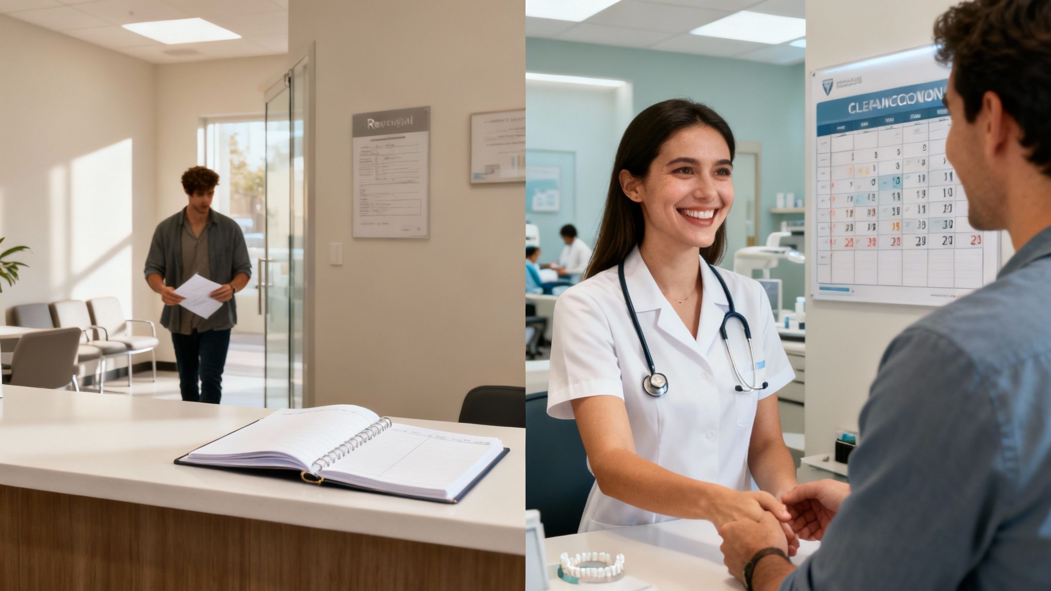 Smiling dentist shaking hands with a patient, while another man walks in a bright clinic reception area.