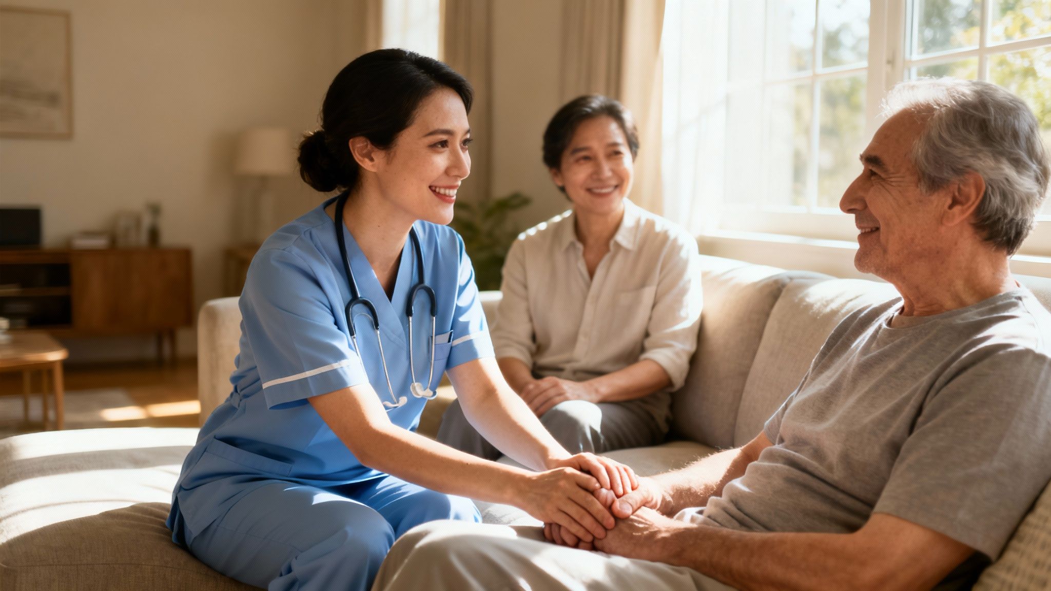 A compassionate nurse talks to an elderly patient at home, holding his hands, as a relative watches.