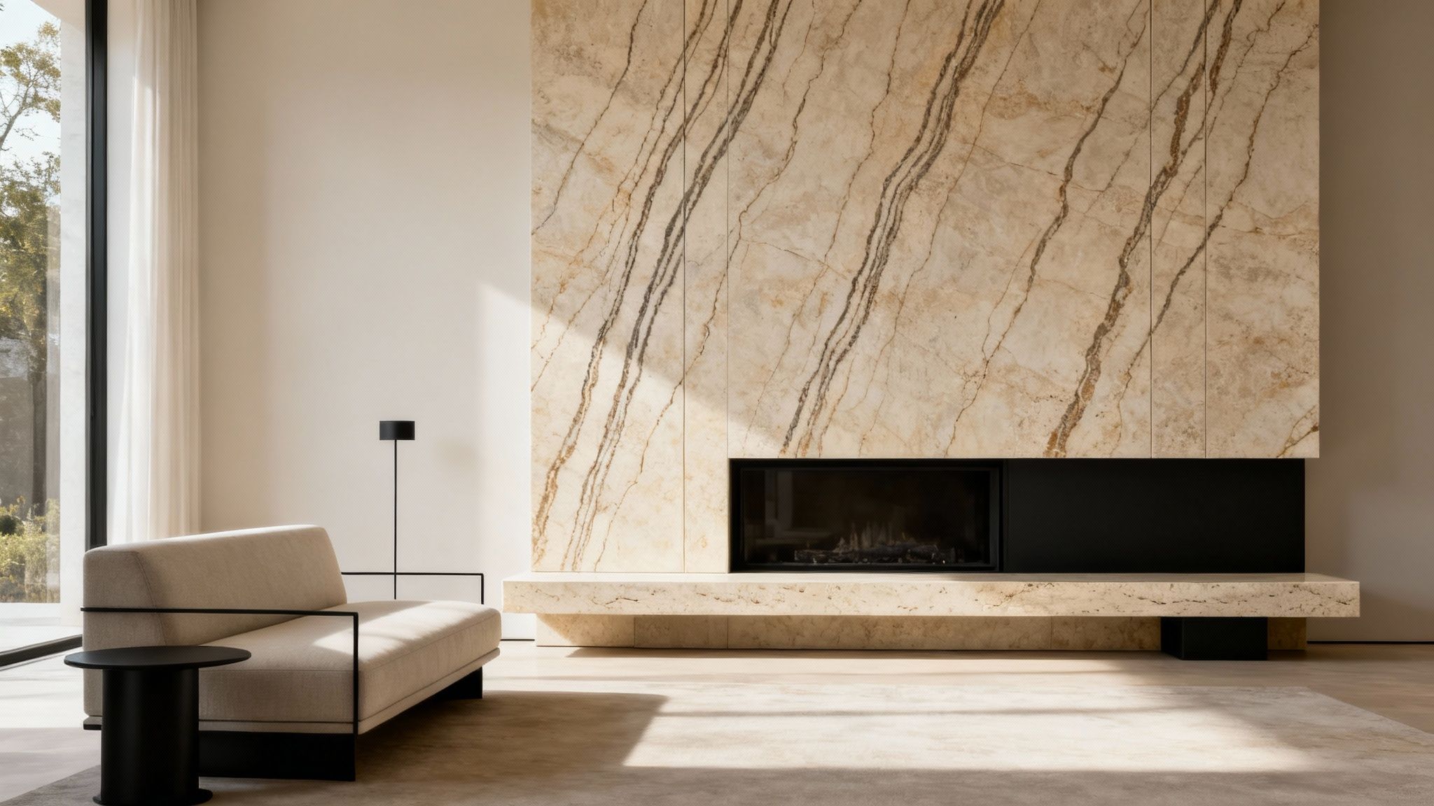 A modern living room featuring a stunning vein-cut travertine accent wall behind the sofa, with linear patterns creating a sense of movement and sophistication