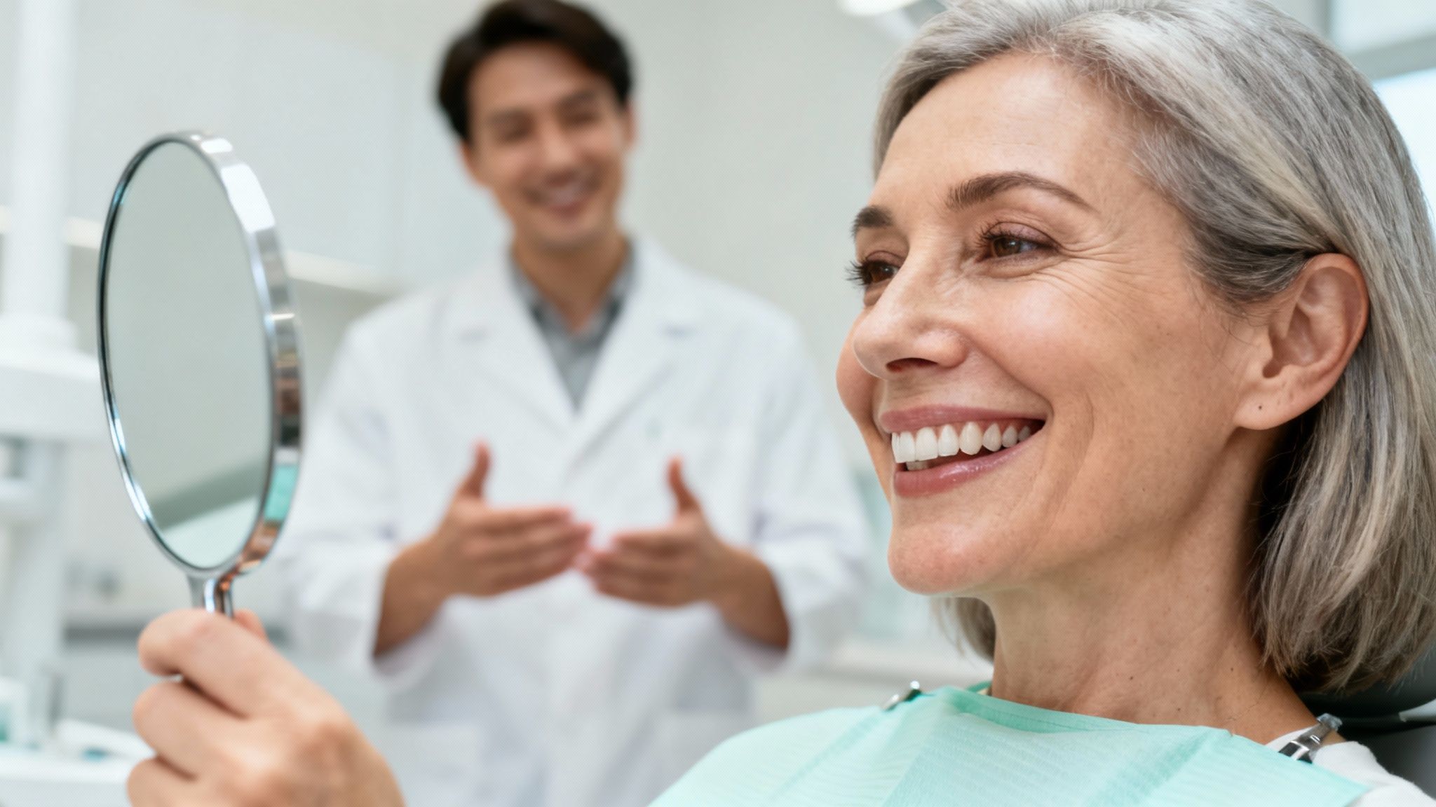 Happy senior woman in dental chair looking at her bright smile in a mirror with dentist in background.