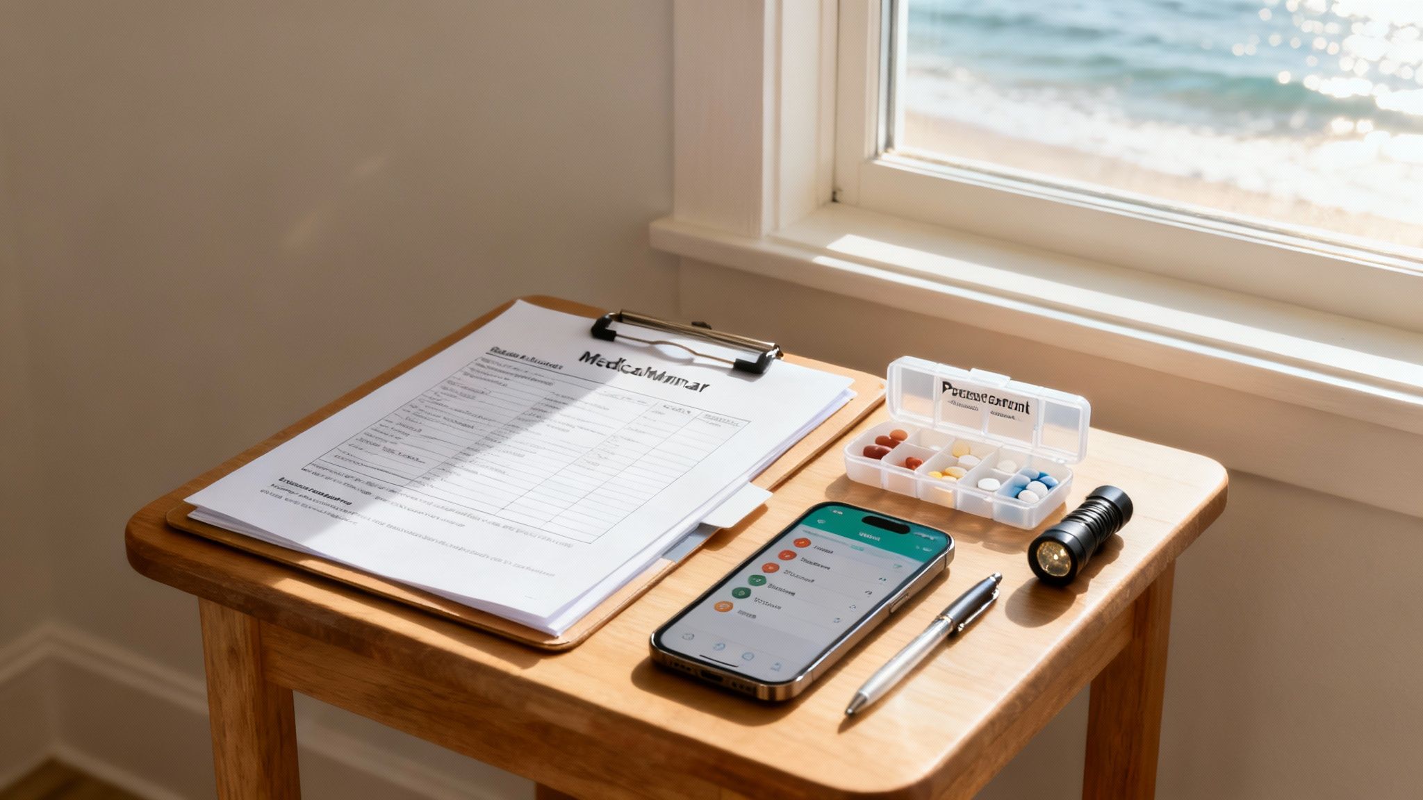 A neatly organized home health emergency kit with labeled medications, contact lists, and medical documents is laid out on a table.