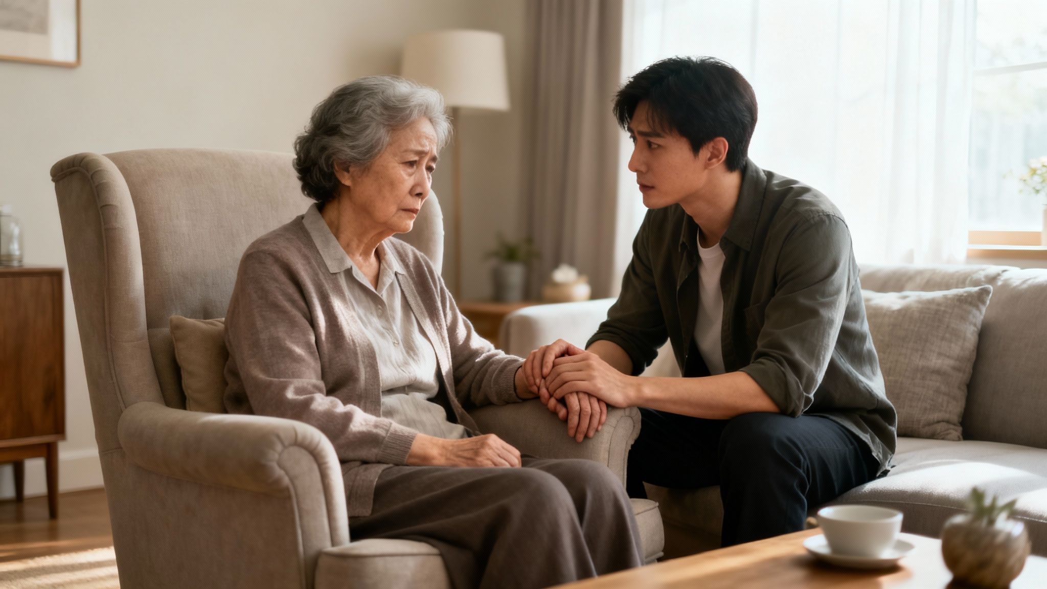 Young man comforting an elderly woman, holding her hand in a sunlit living room.