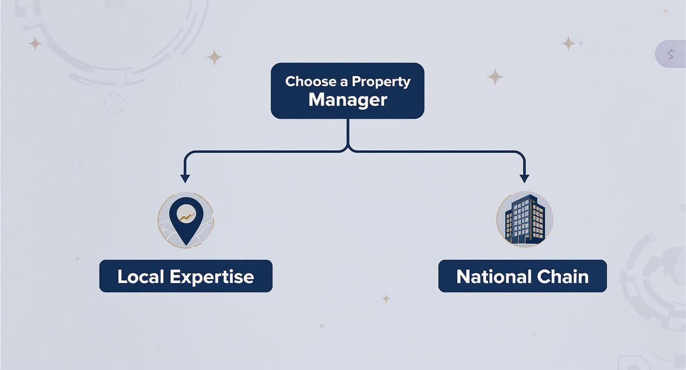 An infographic decision tree showing the choice between a local, boutique property manager and a national chain.