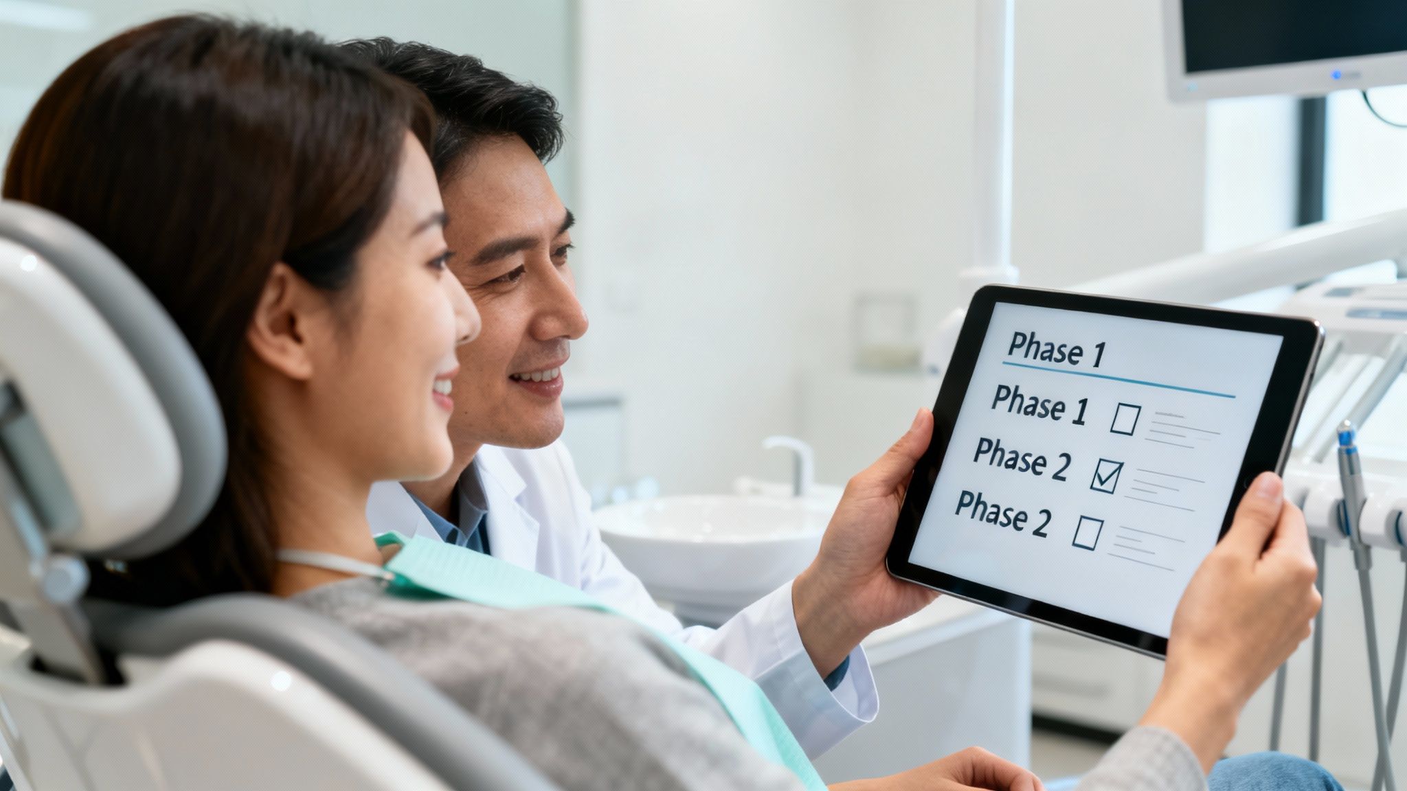 Dentist shows a smiling patient her dental treatment plan on a tablet during a consultation.