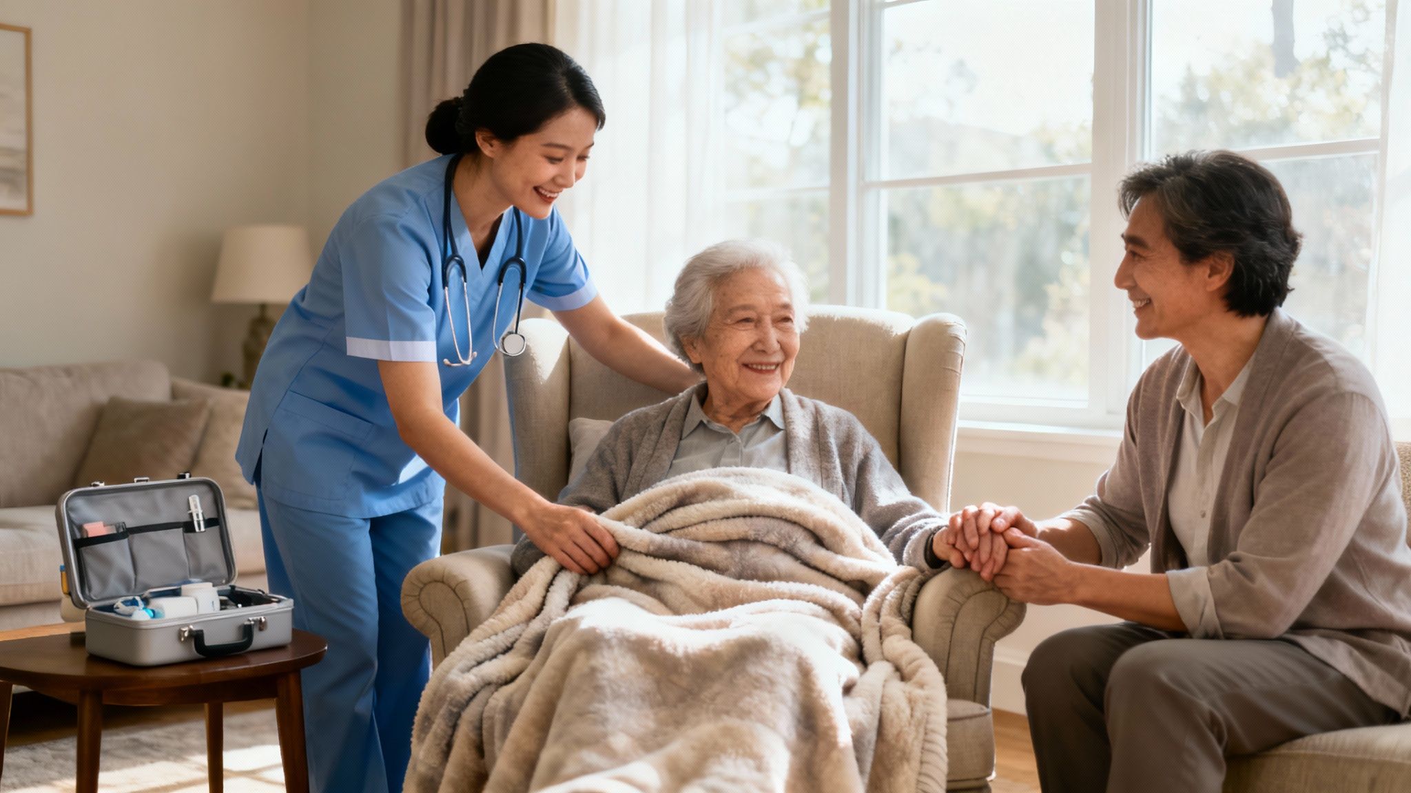 Healthcare nurse providing compassionate hospice care to elderly patient at home with family member present