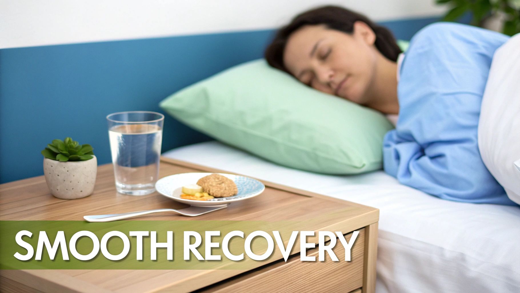A patient sleeps peacefully in bed with a glass of water and a snack on the nightstand.
