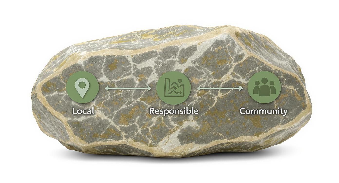 An infographic showing the principles of ethical stone, including icons for local sourcing, responsible practices, and community support.
