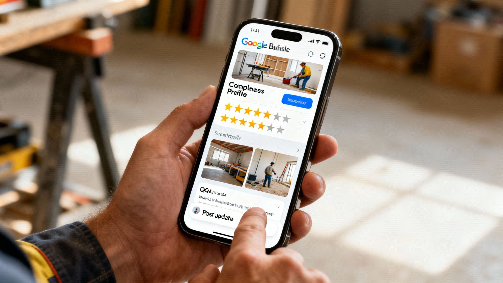A person's hand holds a smartphone displaying a Google Business profile with ratings, photos, and a profile completeness section.
