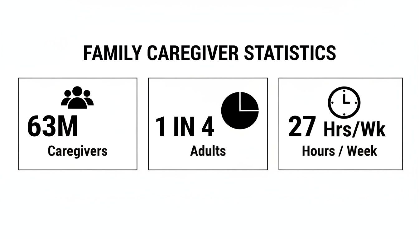 Family caregiver statistics showing 63 million caregivers, 1 in 4 adults are caregivers, and they spend 27 hours per week.