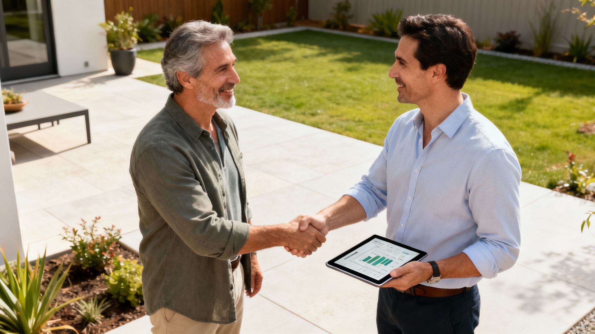 Two men shake hands in a backyard, one holding a tablet with data charts.