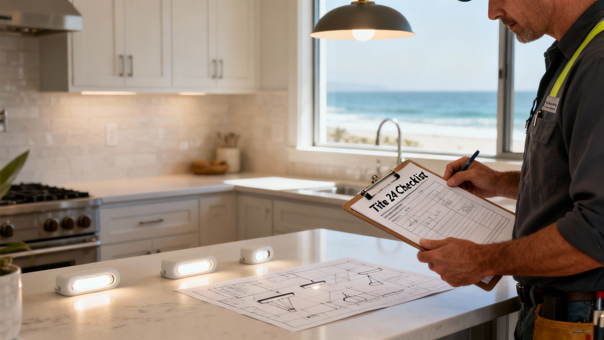 A contractor reviews a Title 24 checklist in a modern kitchen overlooking the ocean.