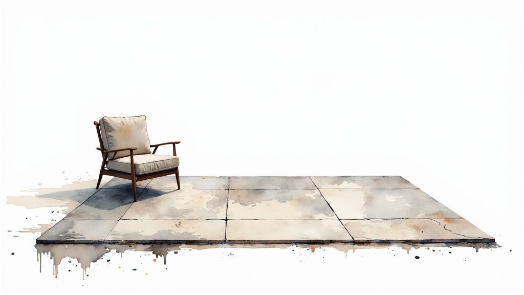 A minimalist watercolor illustration depicts a modern wooden armchair with light cushions on a stone tile patio.