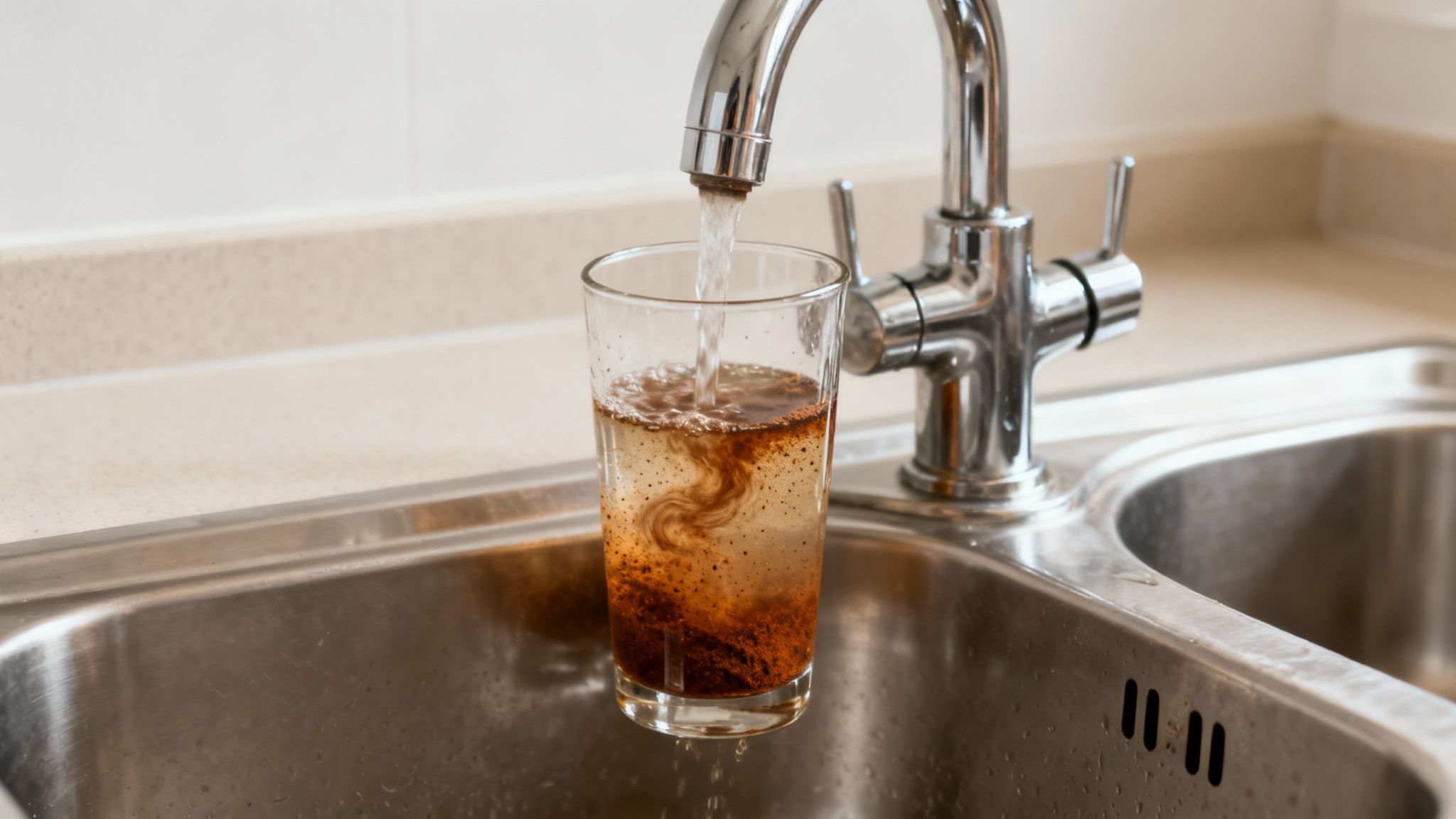 Dirty, rusty water filling a glass from a kitchen faucet into a stainless steel sink.