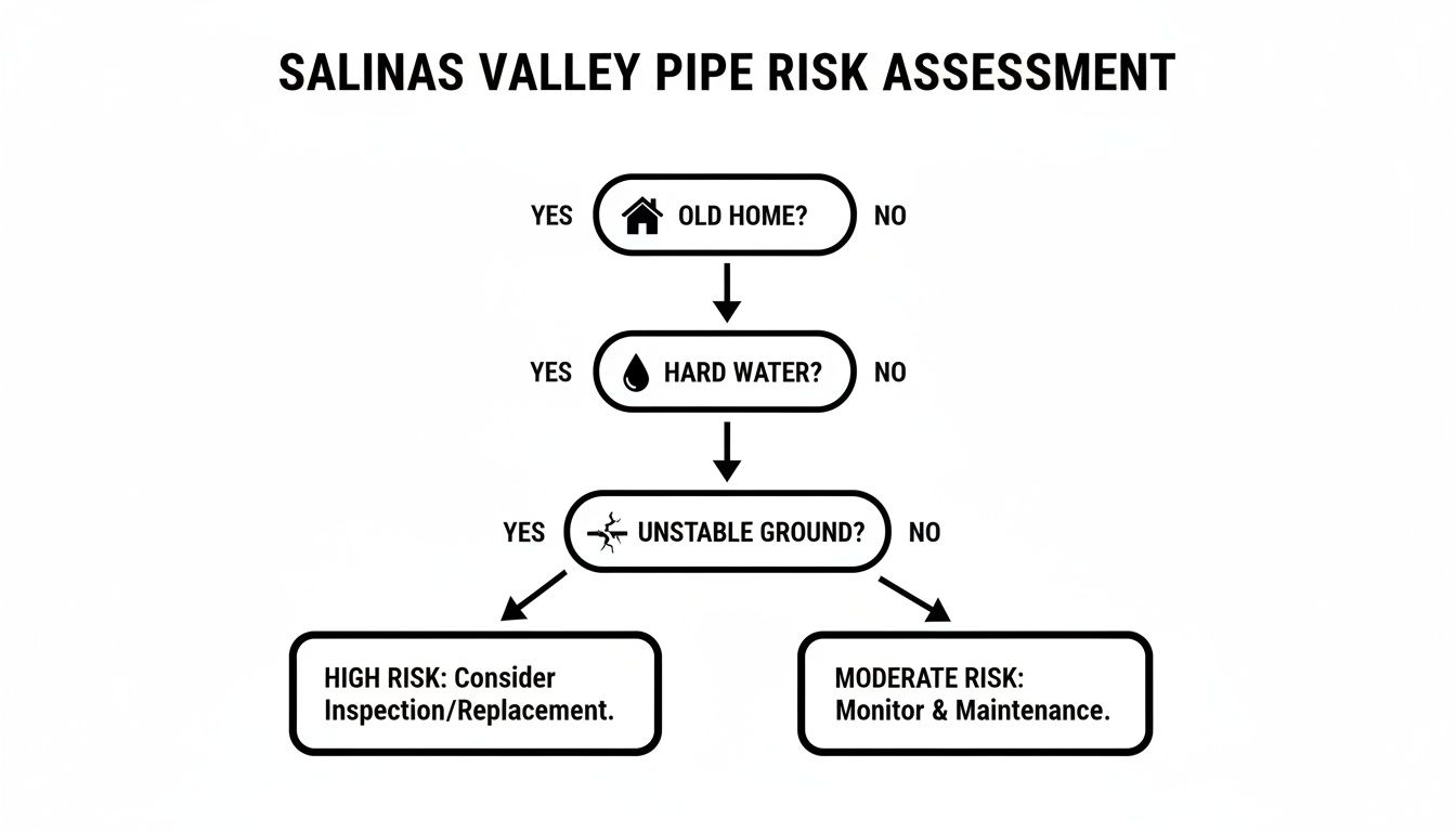 A flowchart for Salinas Valley pipe risk assessment, asking about Old Home, Hard Water, and Unstable Ground to determine High or Moderate Risk.