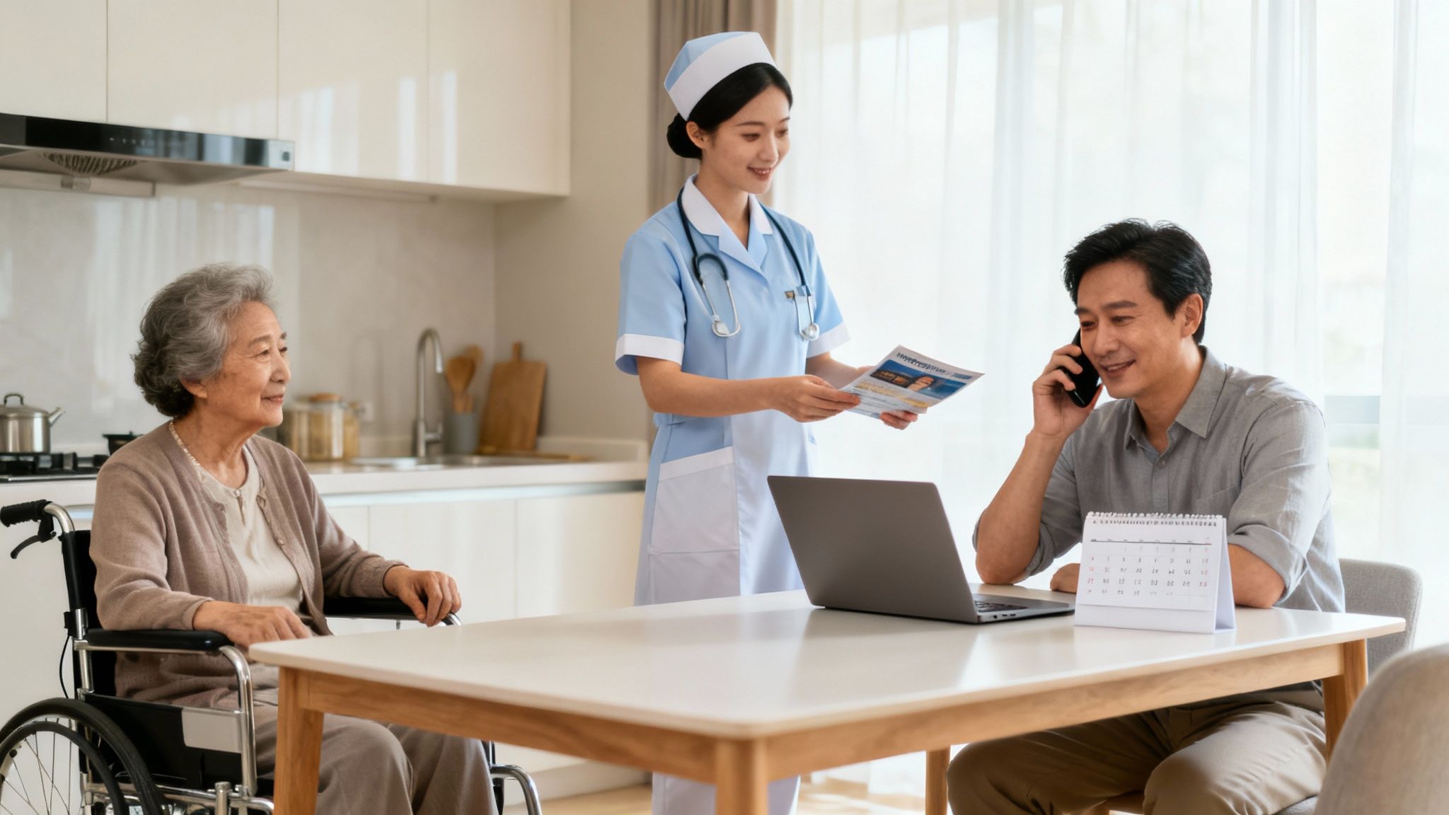 A nurse explains information to a man on the phone, while a senior woman in a wheelchair observes.