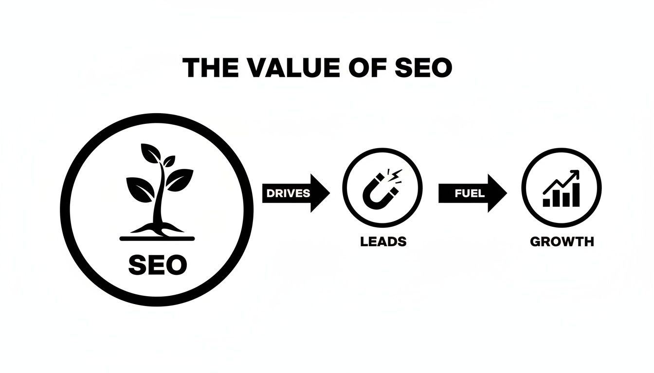 Infographic illustrating the value of SEO: it drives leads which fuels business growth.