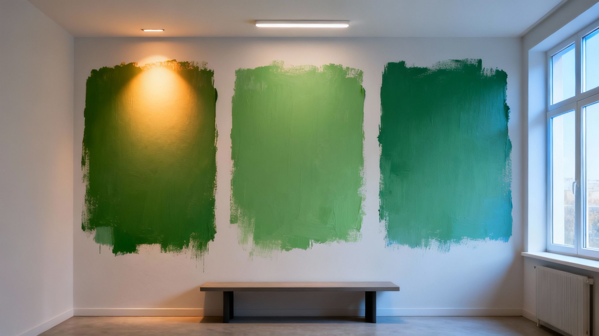 Three rectangular green paint swatches on a white wall, with a spotlight, a long light, a bench, and a window.