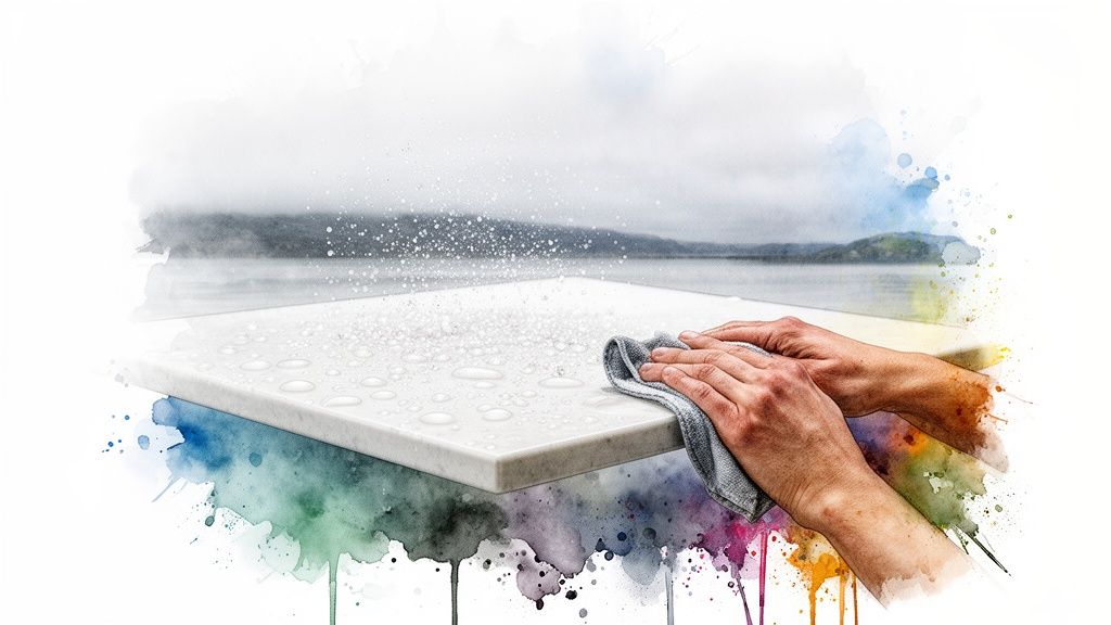 Hands clean water from a pristine porcelain slab with a cloth, against a watercolor landscape.