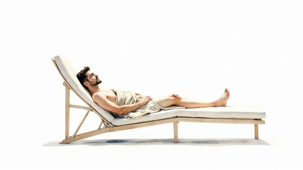 A relaxed man with a beard sunbathes on a lounge chair, partially covered by a towel.