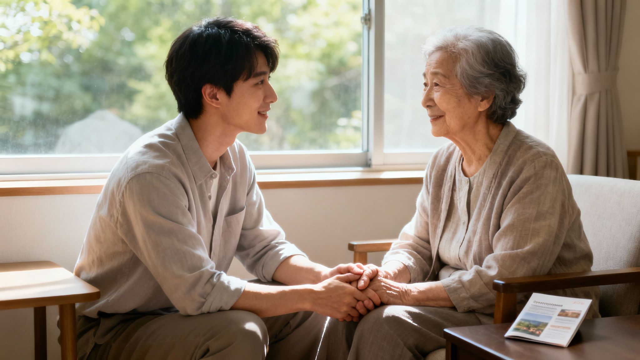 A young man and an elderly woman holding hands, smiling at each other in a bright room.