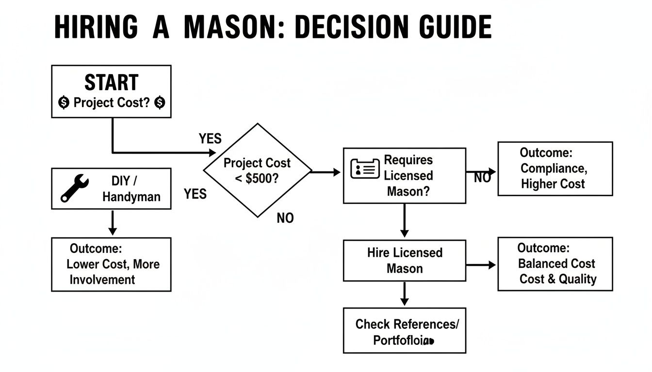 Flowchart decision guide for hiring a mason, evaluating project cost and licensing requirements.