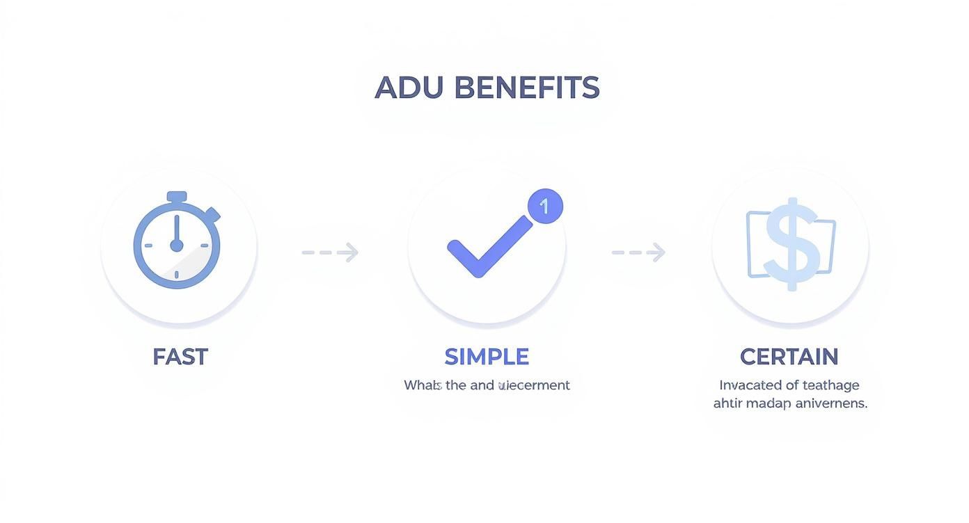 Infographic showing ADU benefits: fast, simple, and certain, with descriptive icons for each.