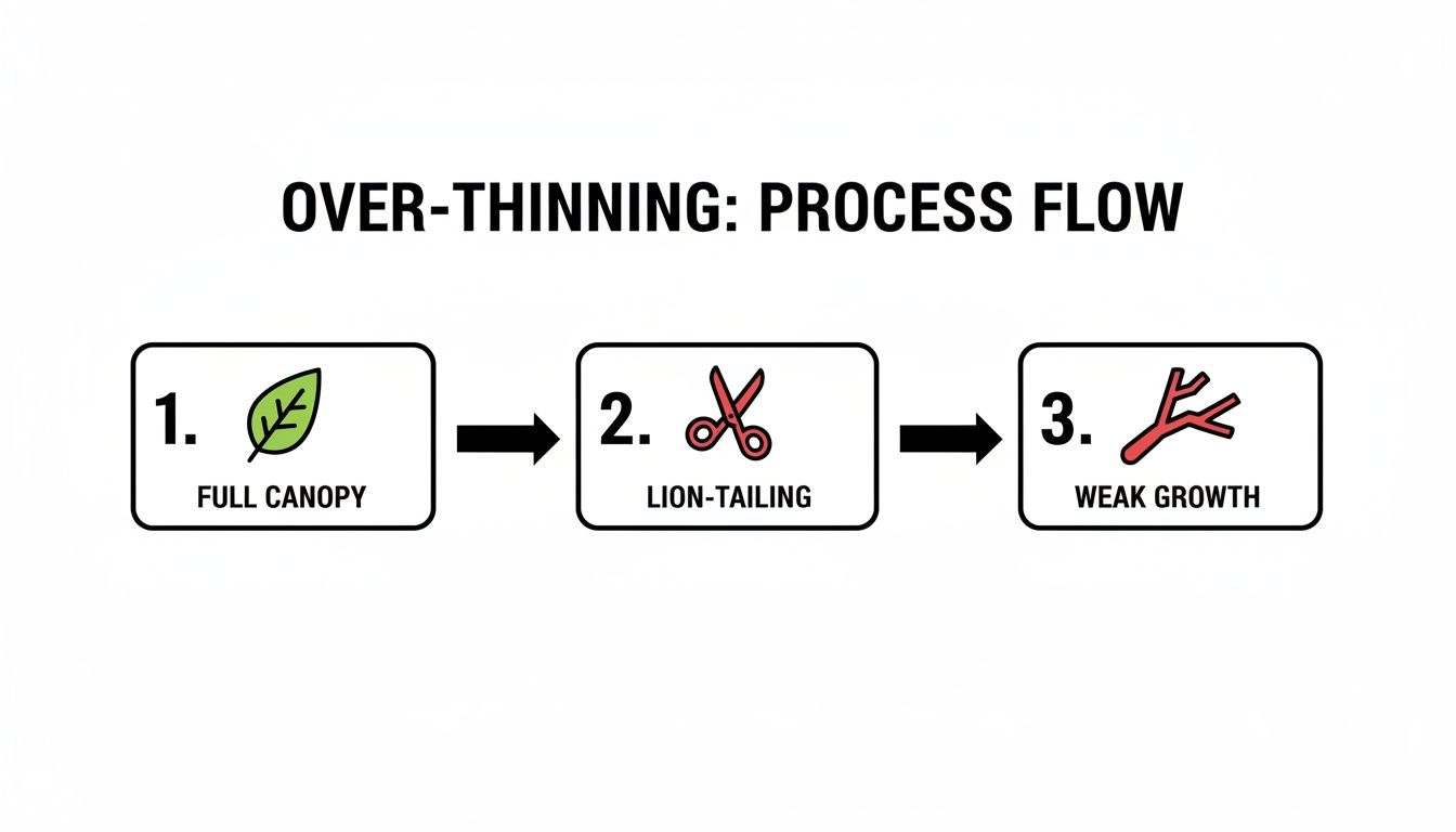 Diagram illustrating the over-thinning process flow: full canopy, followed by lion-tailing, leading to weak growth.