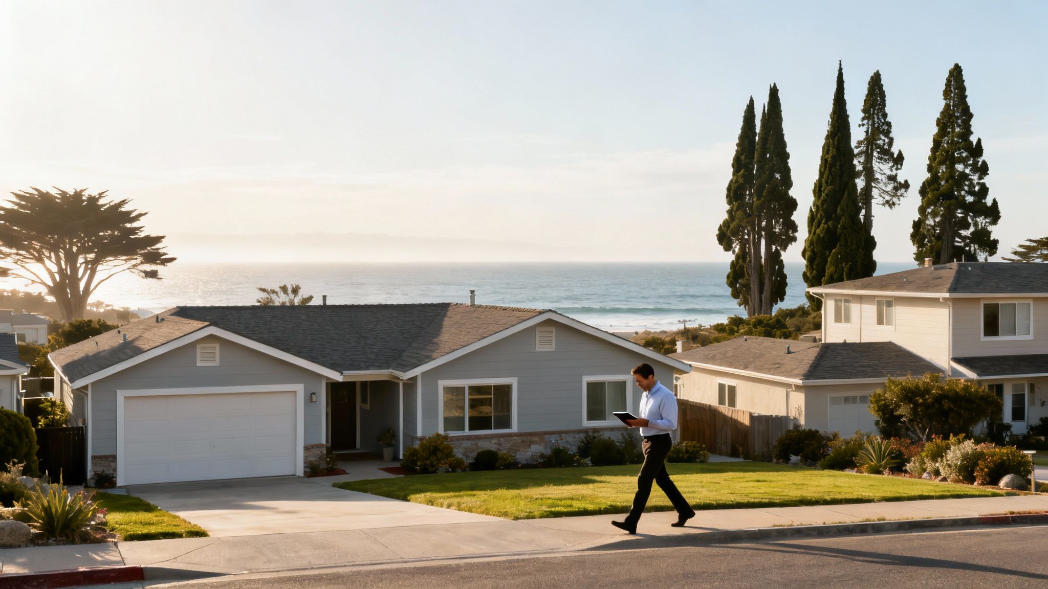 A man walks on a sidewalk in a sunny, oceanfront residential area while using a tablet.