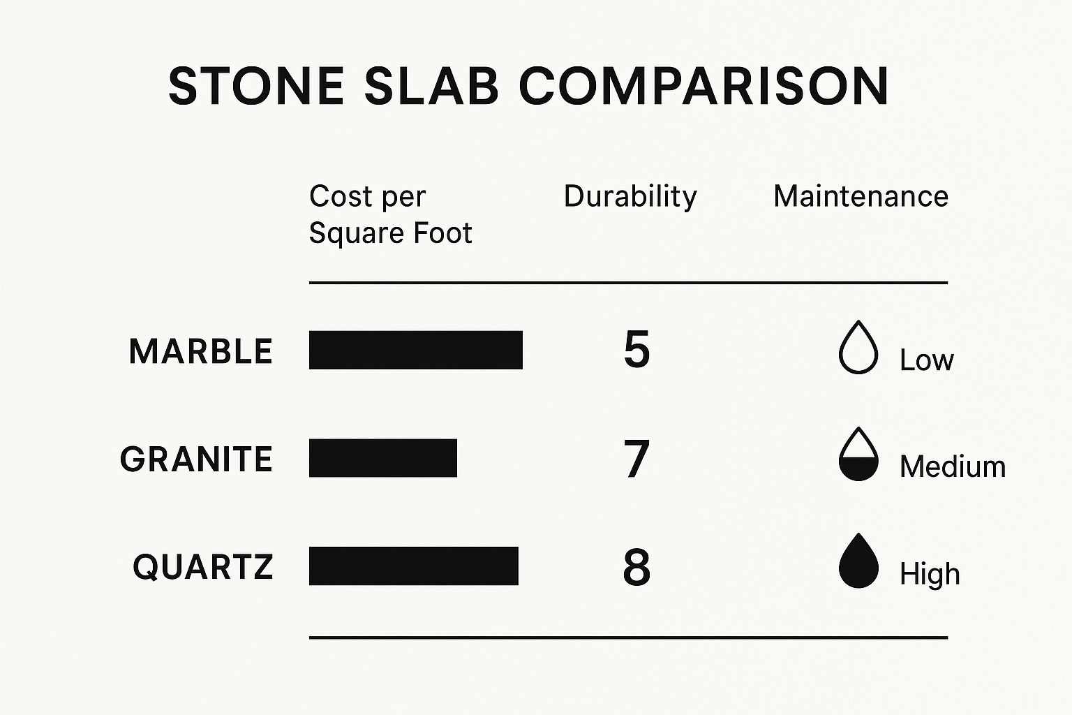 An infographic comparing marble, granite, and quartz based on cost per square foot, durability rating, and maintenance level.