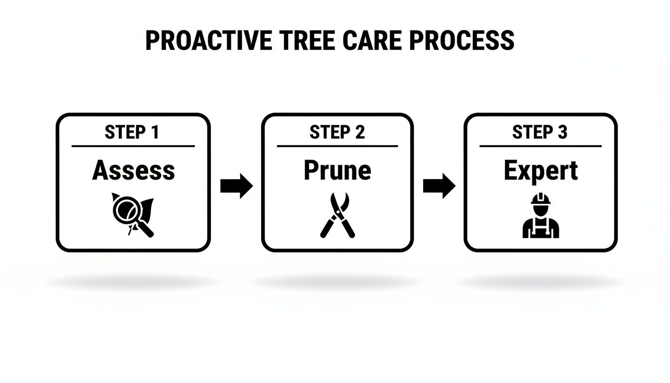 Flowchart showing a proactive tree care process with steps: Assess, Prune, and Expert.