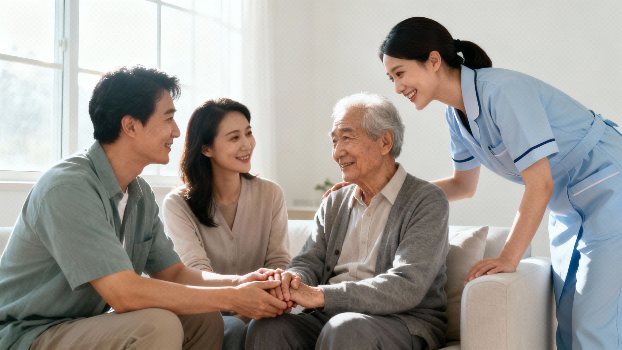A compassionate healthcare professional comforting an elderly patient in a sunlit room.