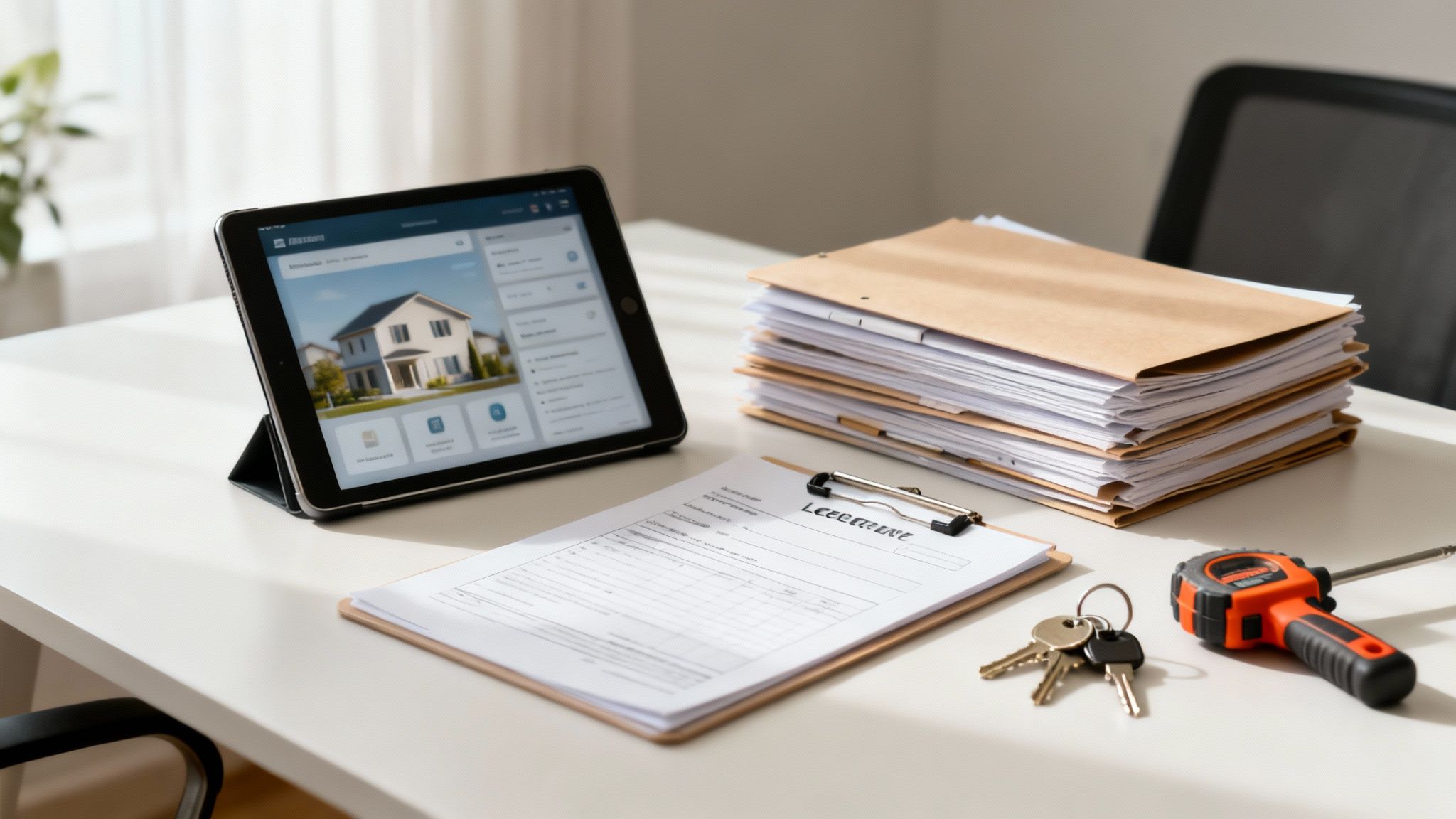 A modern desk with a tablet showing a house, documents, keys, and a measuring tape for property management.