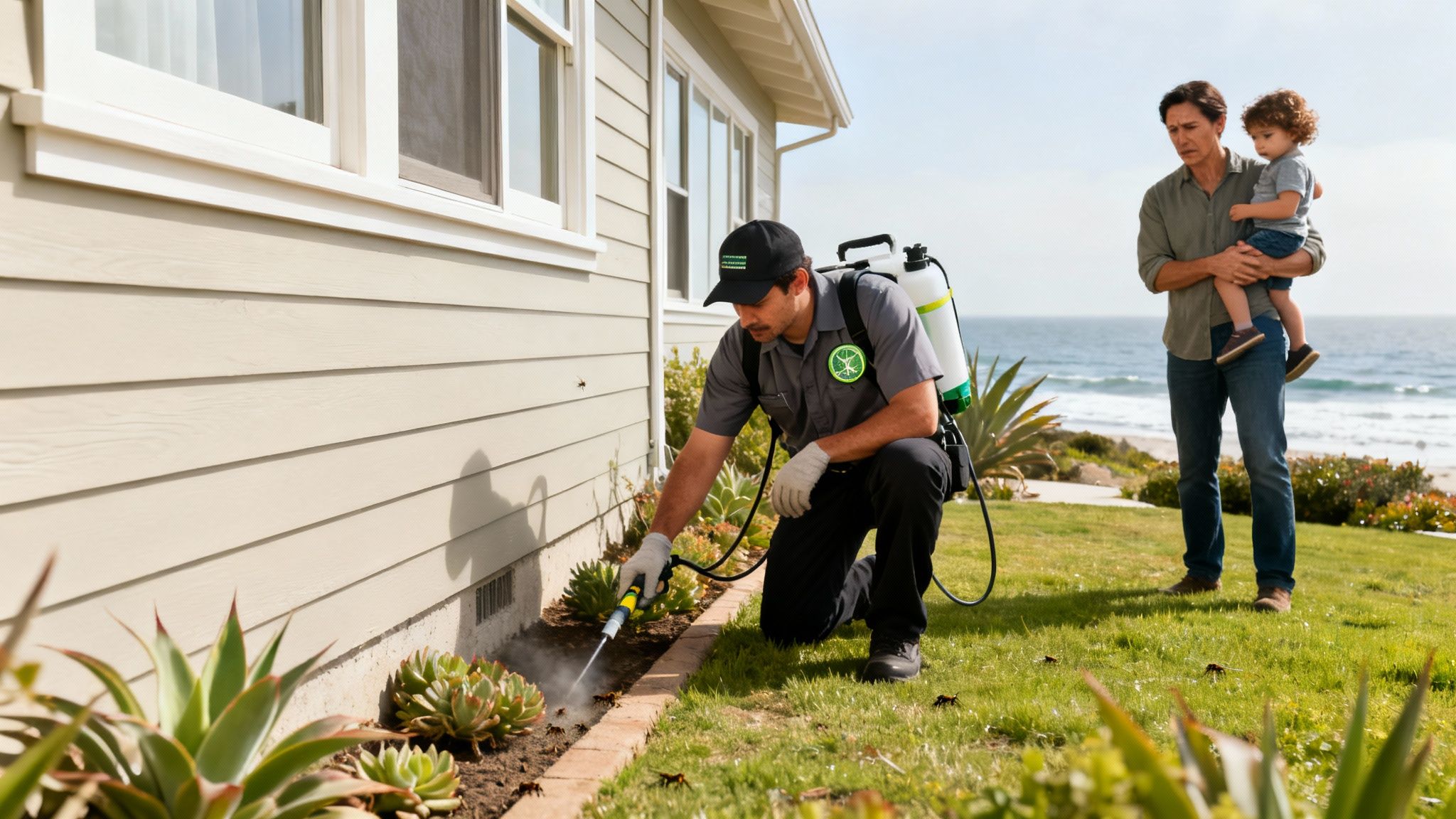 A pest control technician sprays a home