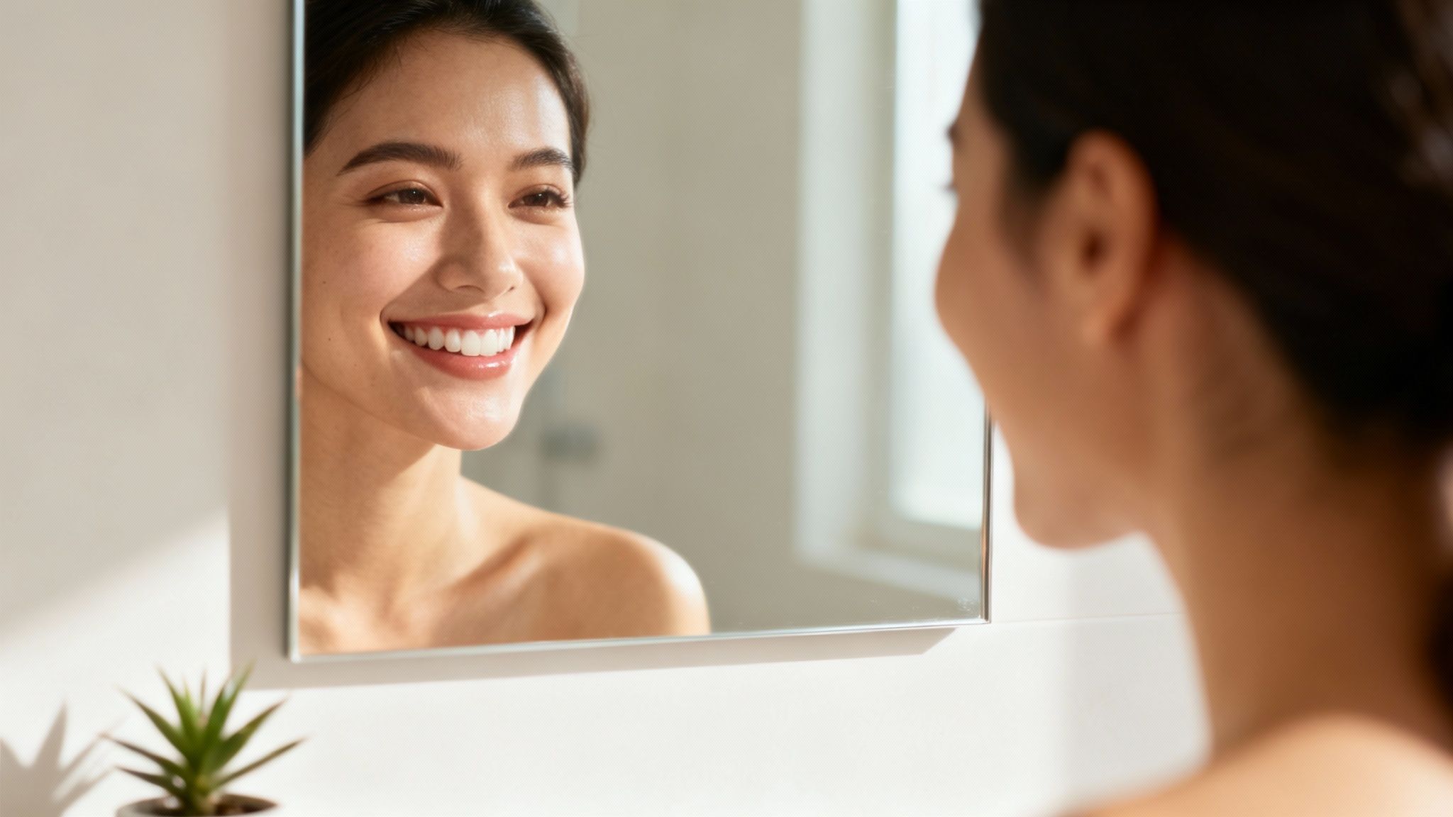 Young Asian woman with a radiant smile looking at her reflection in a mirror.