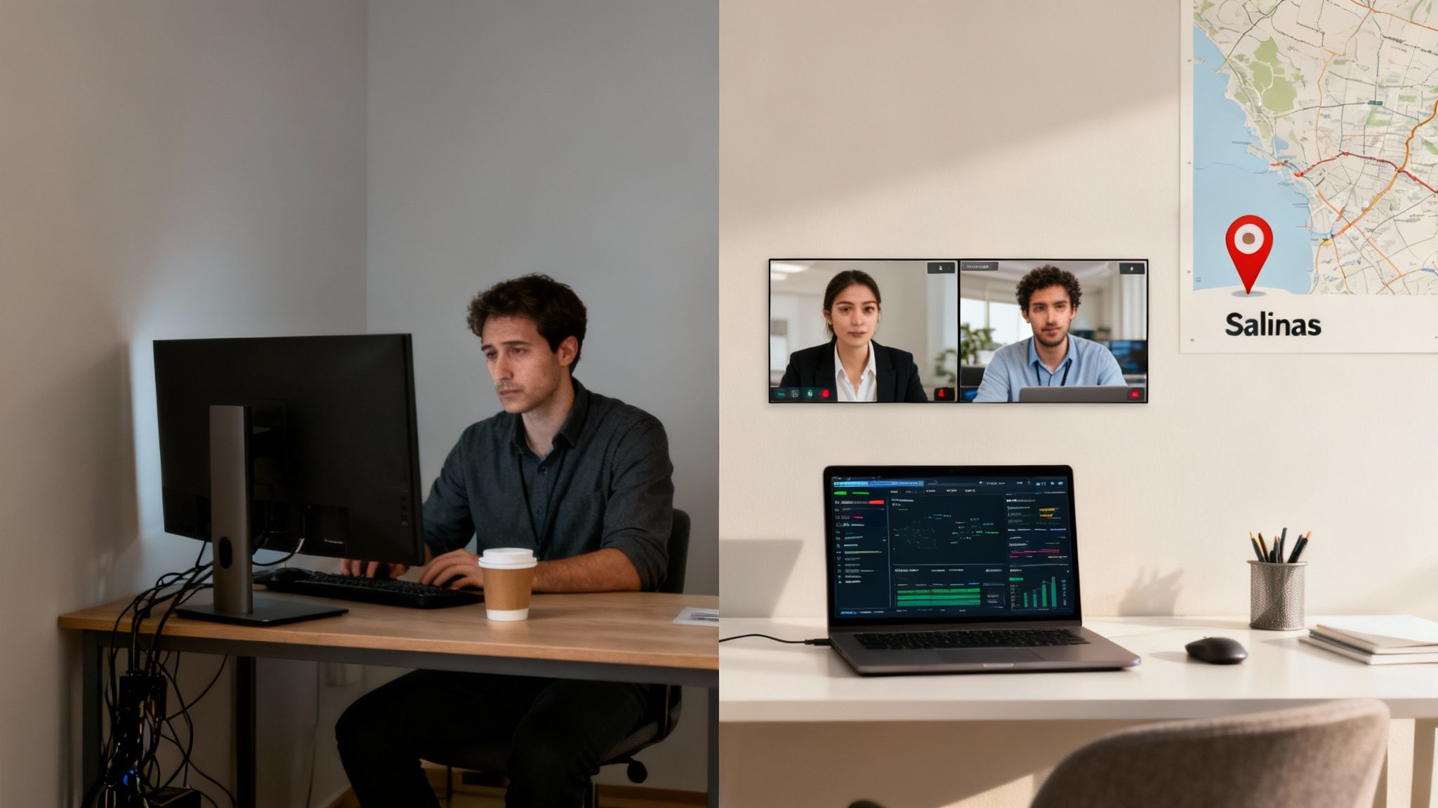 Split image showing a man working in a cluttered home office versus a clean workspace with a video call and laptop.