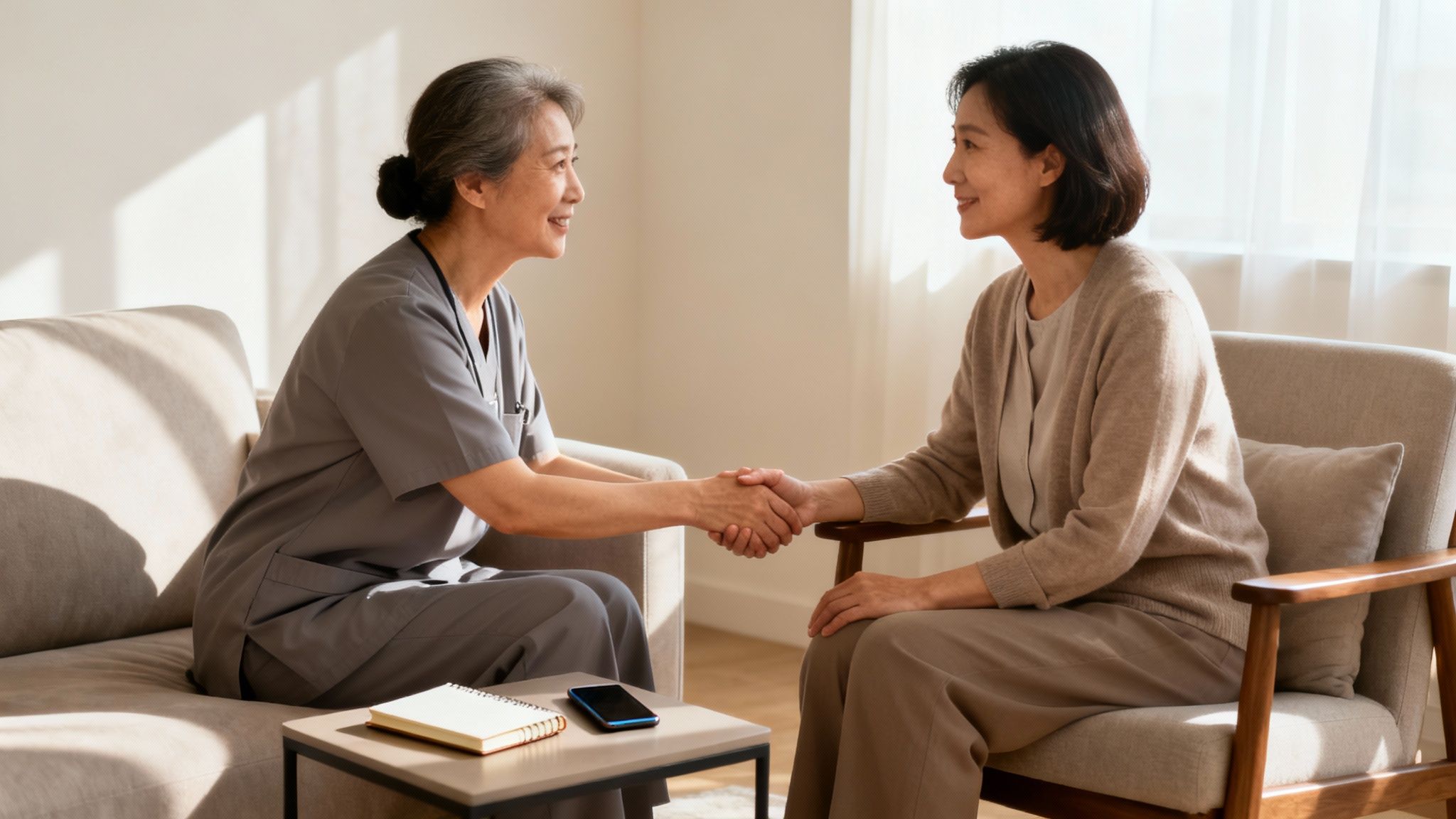 Two smiling Asian women, a caregiver and a patient, shake hands in a sunlit room.