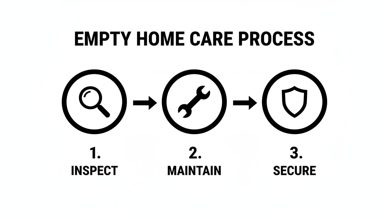 A visual guide illustrating the three-step empty home care process: inspect, maintain, and secure.