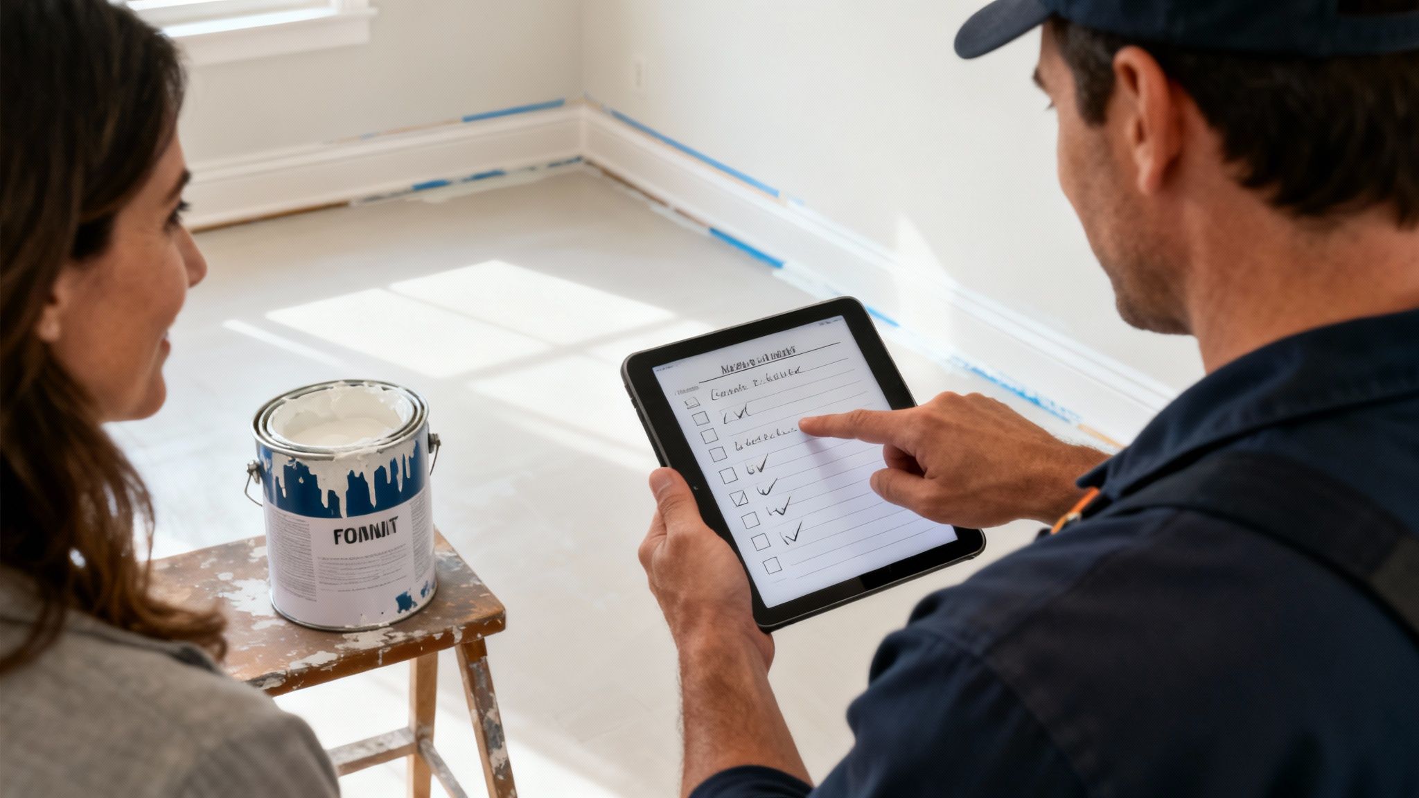 A painting contractor shows a homeowner a checklist on a tablet in a room prepared for painting.