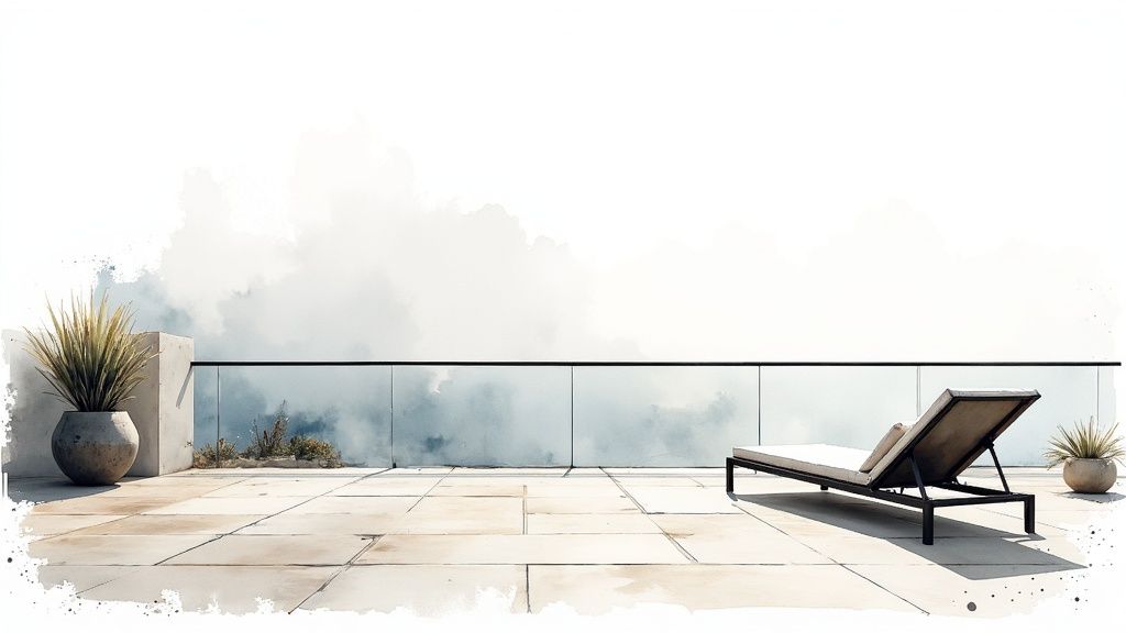 Modern minimalist patio terrace with large stone tiles, lounge chair, and glass railing overlooking misty landscape