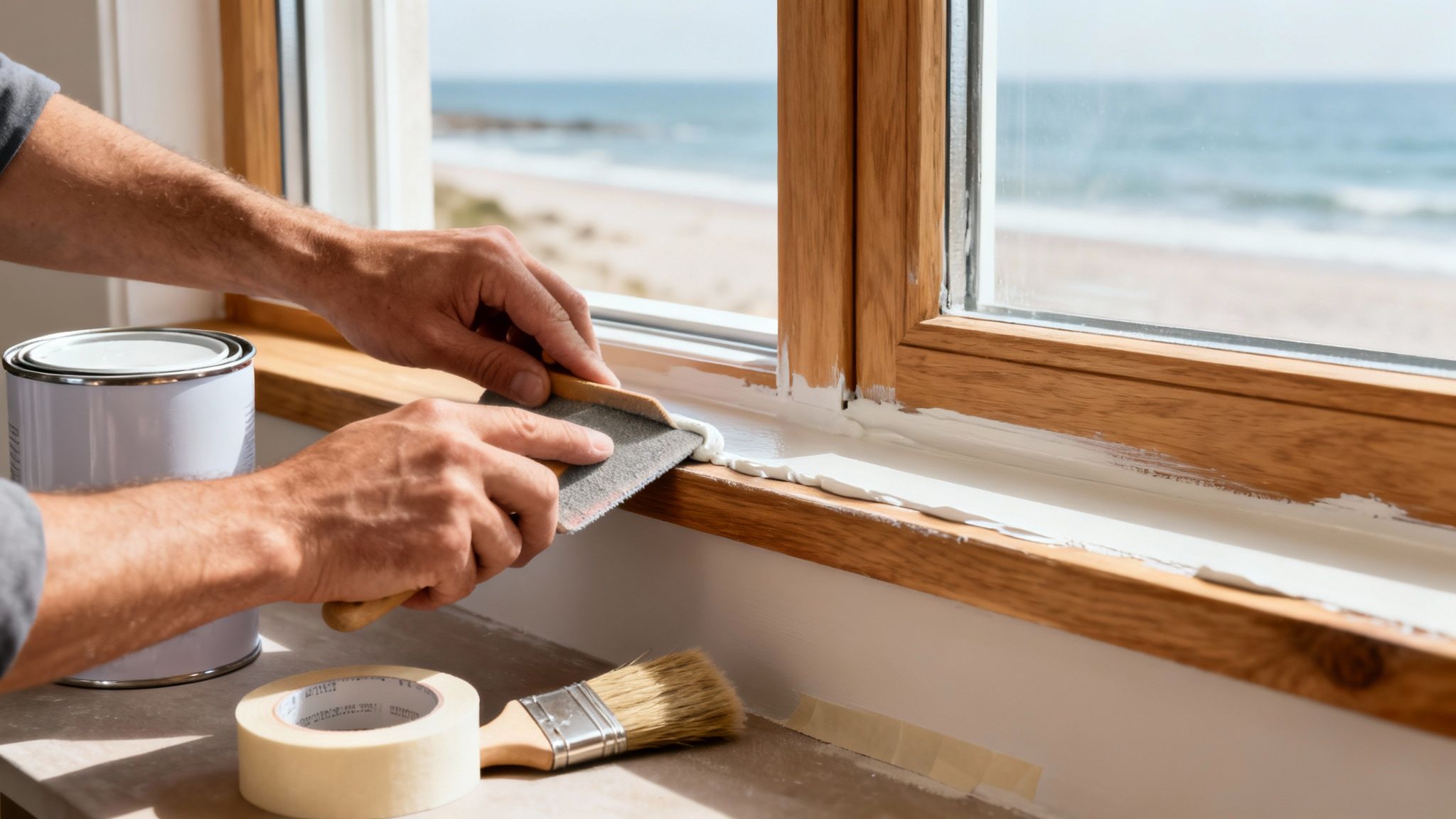 Hands sealing a wooden window frame with a spatula, with painting supplies and an ocean view.