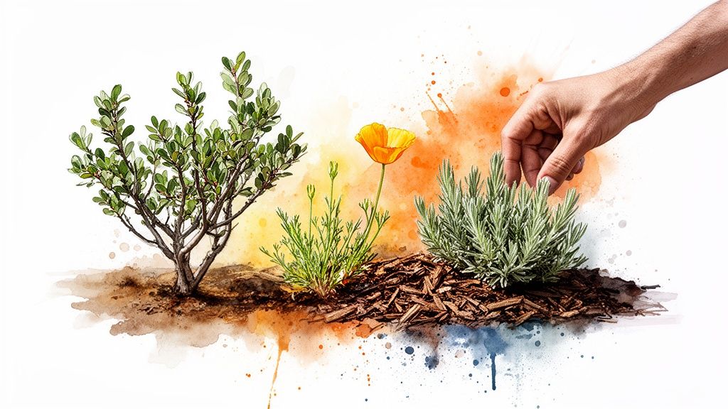 A hand gently tends to water-wise plants: a bush, poppy, and lavender, with watercolor splashes.