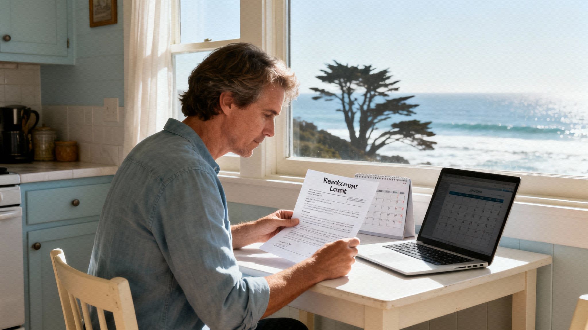 A man reads a rent-to-own document at a desk by a window overlooking the ocean.