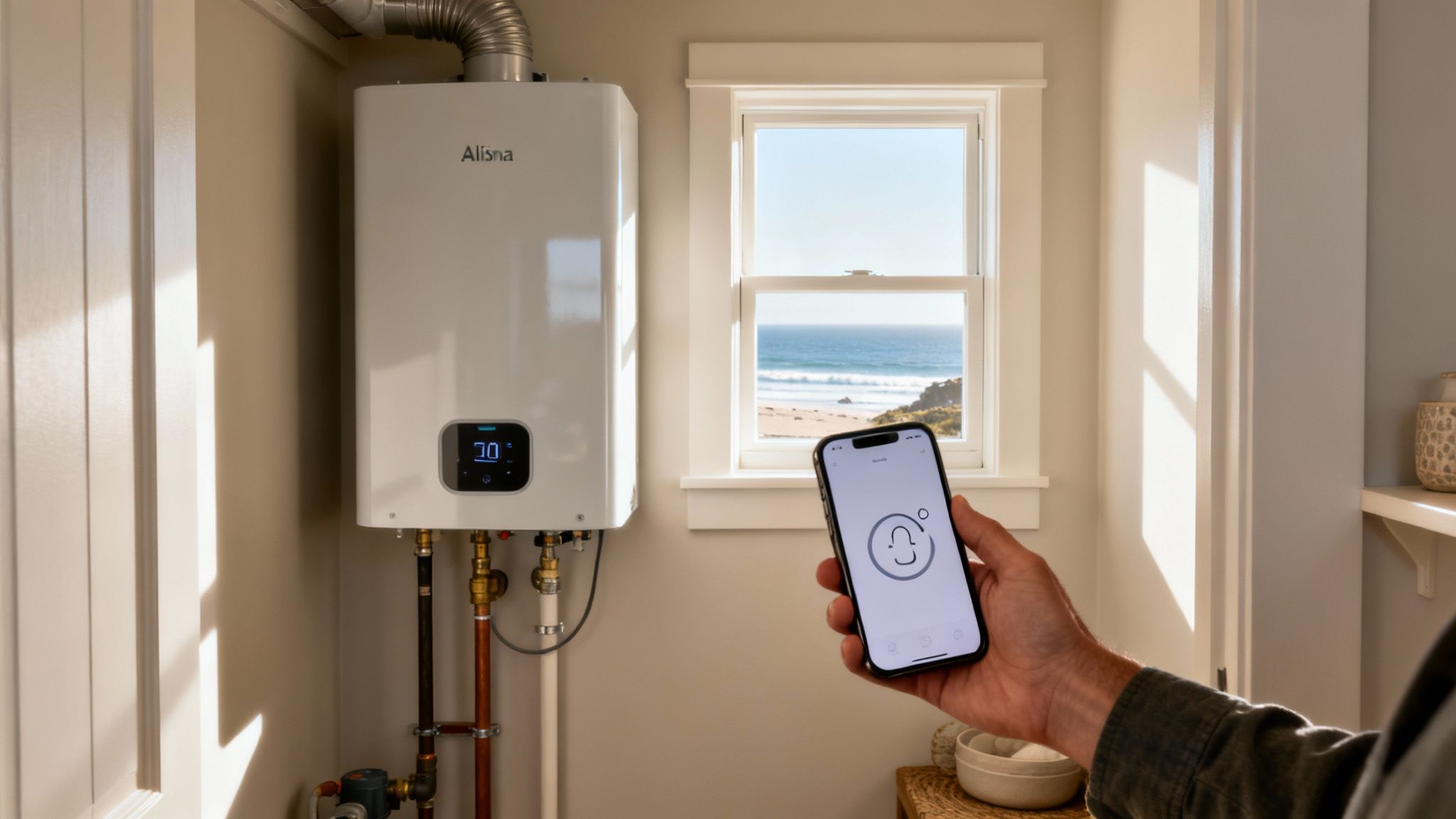 A person uses a smartphone app to adjust a smart Alisna water heater in a room with an ocean view.
