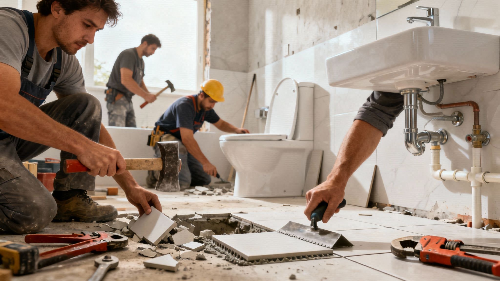 A detailed pie chart showing the percentage breakdown of costs in a typical bathroom remodel, including labor, fixtures, plumbing, tile, and finishes.