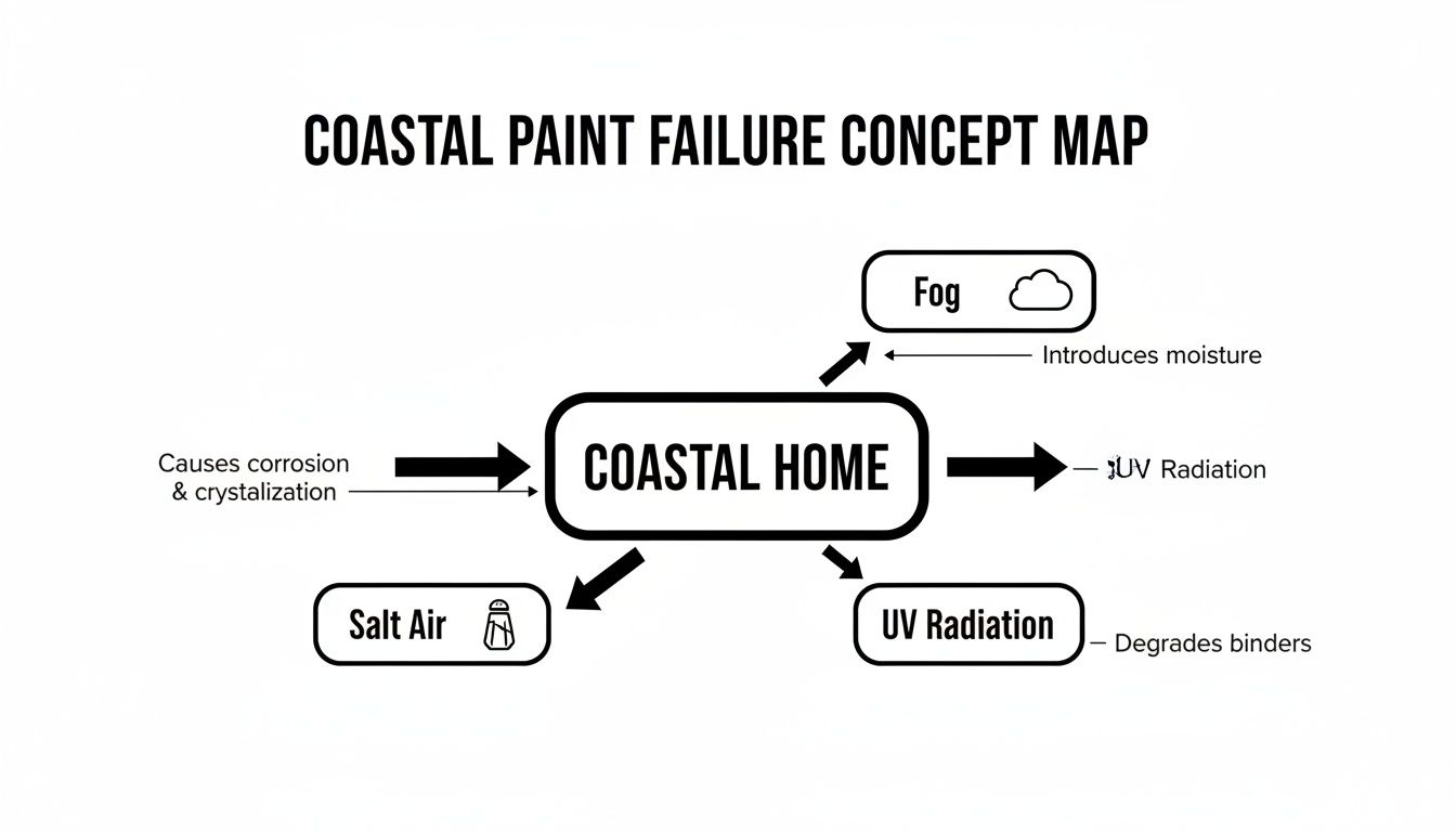 A concept map illustrating how salt air, fog, and UV radiation cause paint failure on coastal homes.