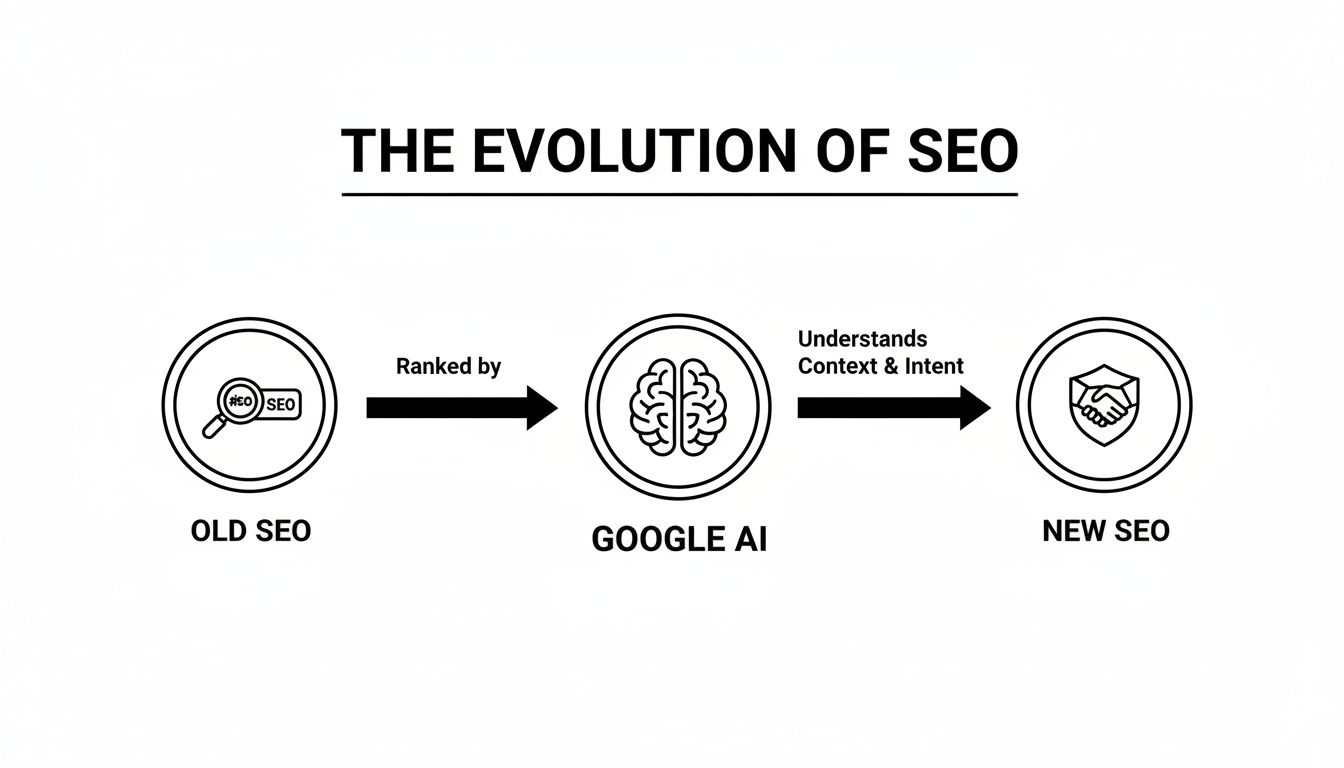 Diagram illustrating SEO's evolution from keyword ranking to Google AI understanding context and intent.