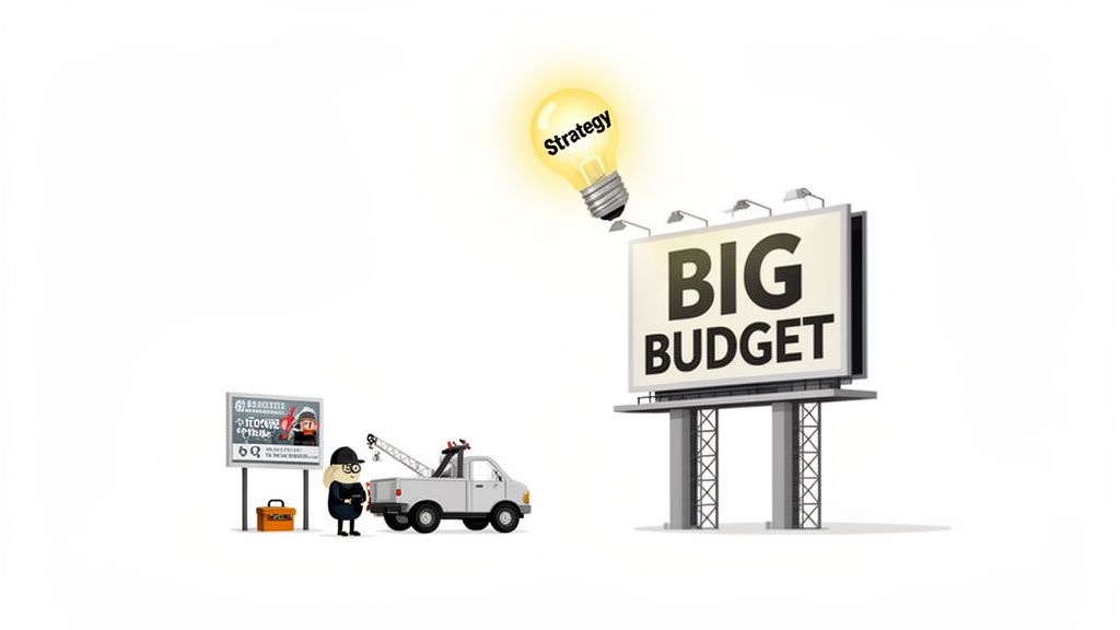 A glowing 'Strategy' light bulb overlooks a 'Big Budget' billboard, contrasting with a smaller ad.