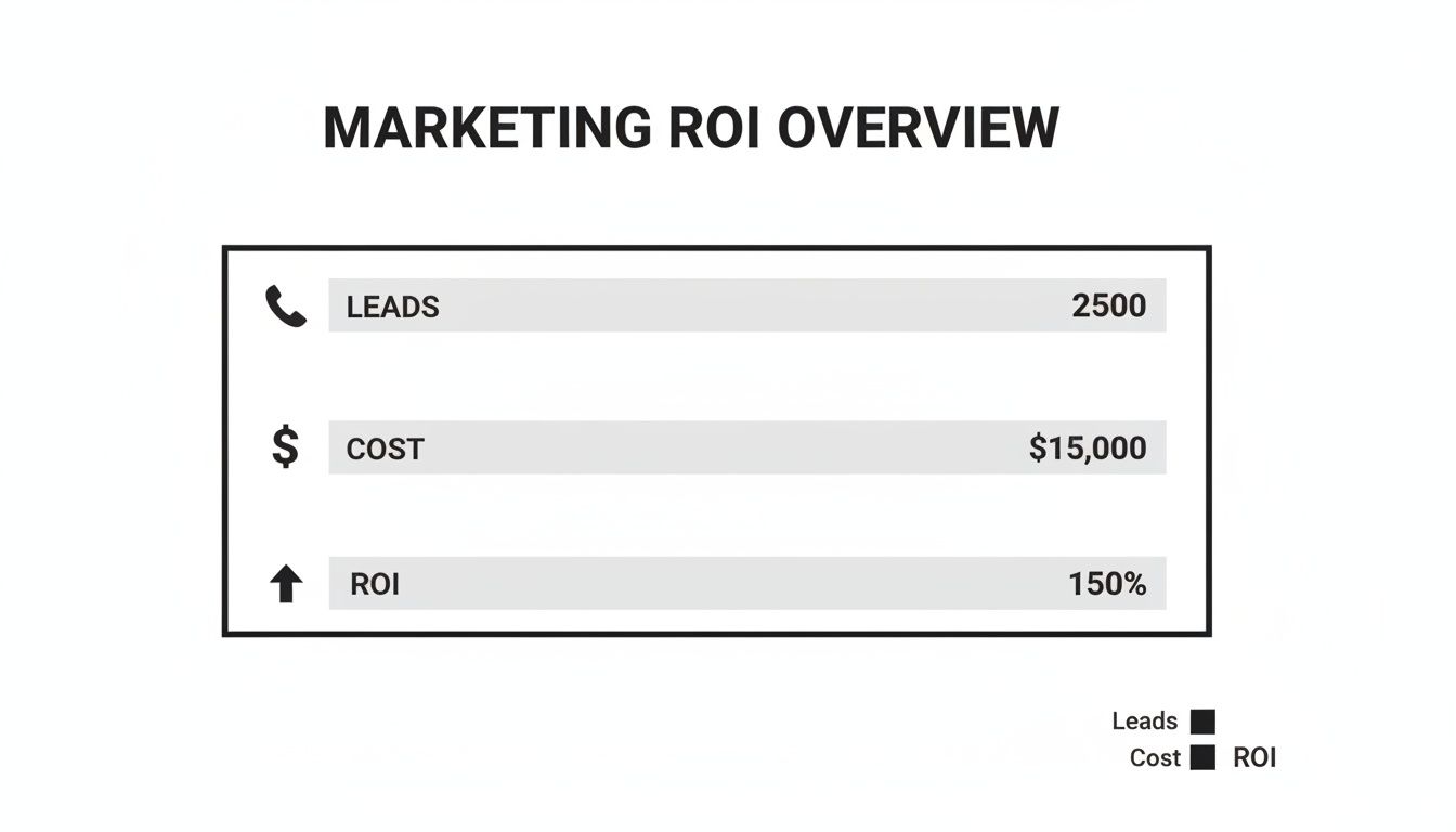 A marketing ROI overview display shows 2500 leads, $15,000 cost, and 150% return on investment.