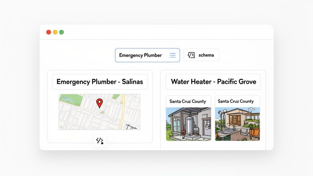 Dashboard displaying emergency plumbing and water heater services with location maps and illustrations.