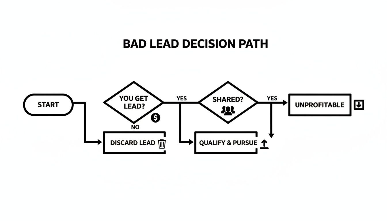 Flowchart illustrating a bad lead decision path, showing steps like discarding, qualifying, and identifying unprofitable leads.